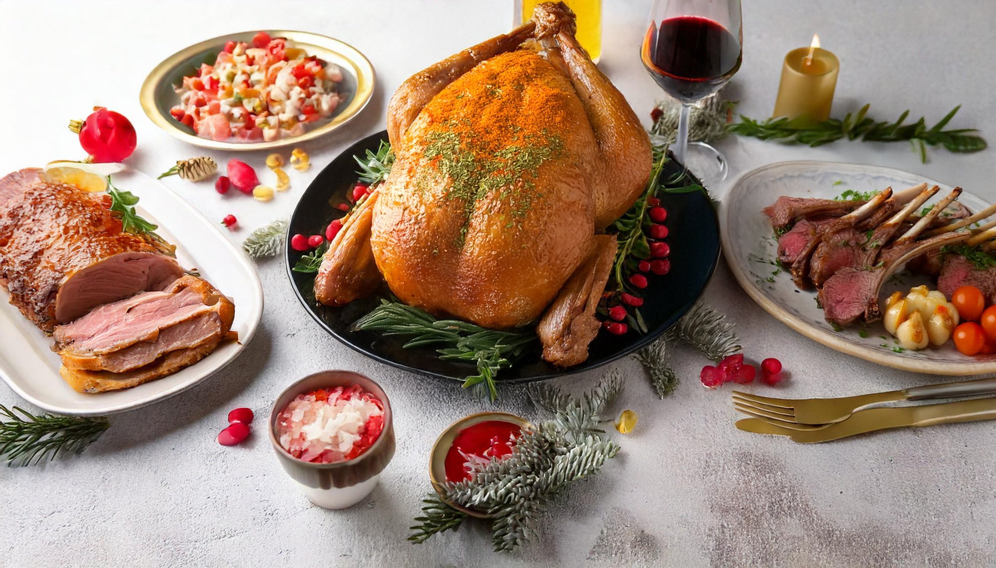 Firefly A Christmas theme roasted turkey, ham and steaks on a Christmas decoration table; less decor (1) copy