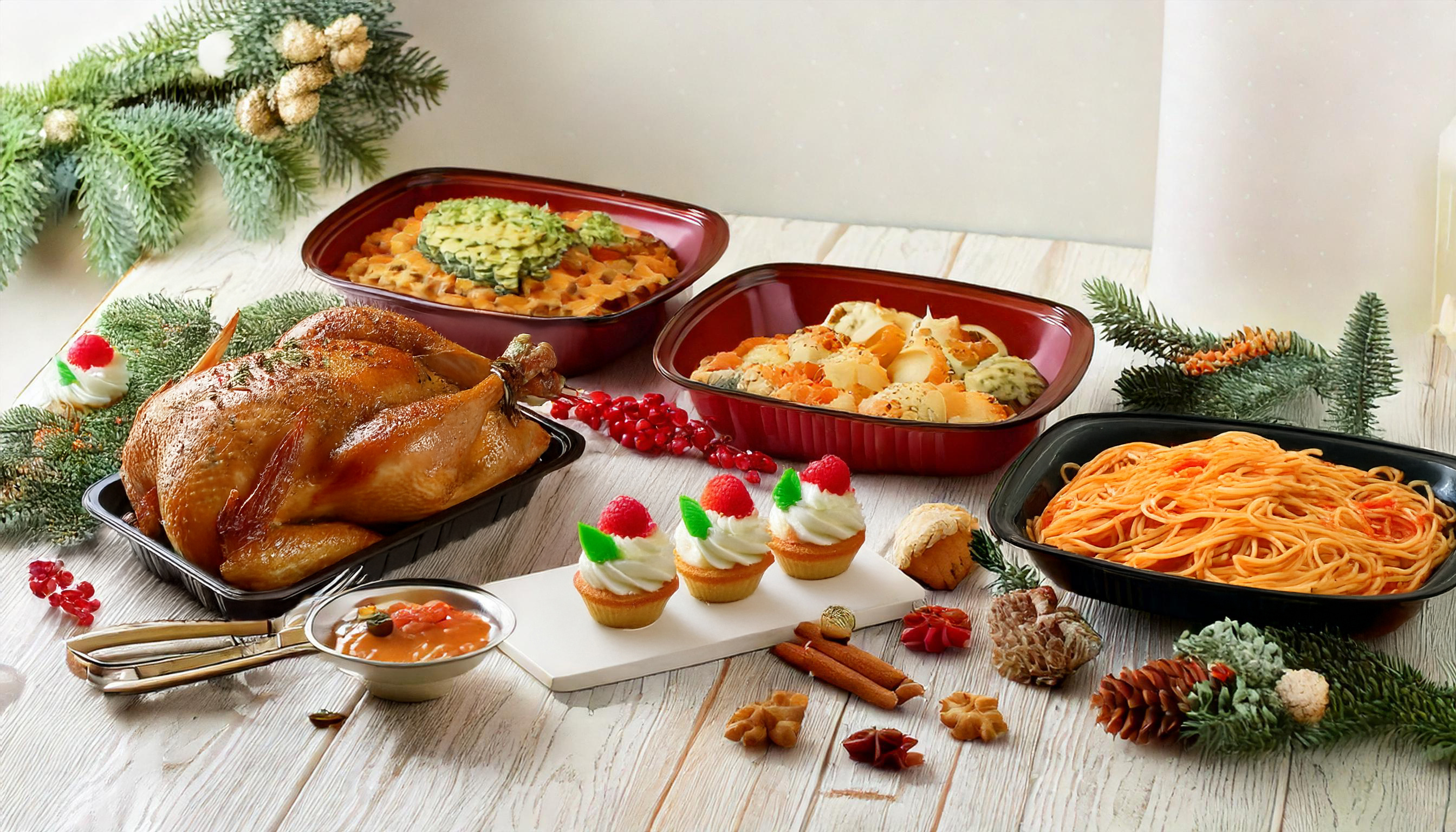 Firefly A Christmas theme mini buffet setup on a Christmas decoration table; 1 of the dish is turkey copy